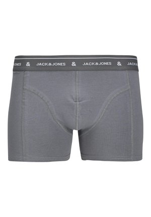 Grijze katoenen boxershorts met een zachte tailleband waarop de tekst "JACK & JONES" in het wit staat, flatlockstiksels en een aansluitend ontwerp.