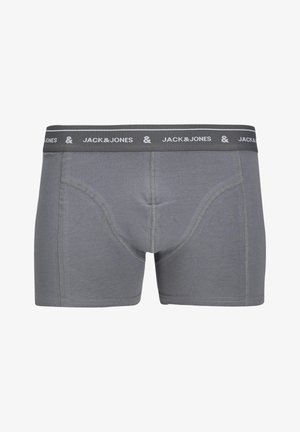 Boxer en coton gris avec une ceinture douce arborant le texte « JACK & JONES » en blanc, coutures plates, et un design ajusté.