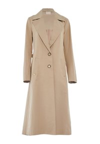 Cappotto lungo beige in cotone con rever a punta, due tasche frontali, due bottoni e un design minimalista. Presenta una texture liscia.