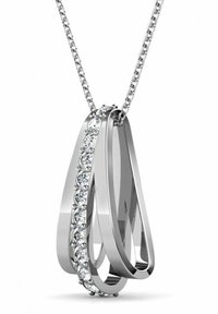 Collana di pendente in argento con due anelli intrecciati, uno decorato da una fila di pietre chiare scintillanti, su una delicata catena.