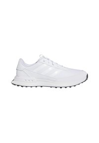 White athletic shoes featuring a mesh upper, three striped accents, and a textured rubber sole with small studs for traction.