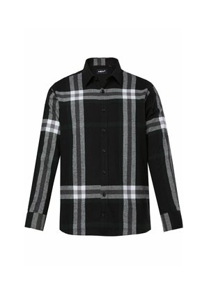 Sort knap-ved langærmet skjorte med stort grått og hvidt ternet mønster og klassisk krave, vist på en hvid baggrund.