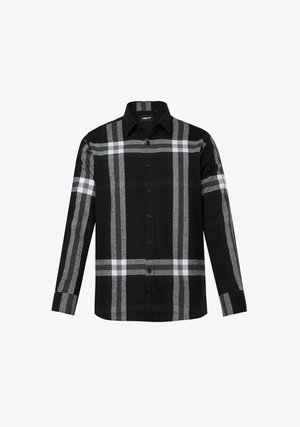 Zwarte button-up overhemd met lange mouwen, voorzien van een groot grijs-wit ruitpatroon en een klassieke kraag, gepresenteerd op een witte achtergrond.