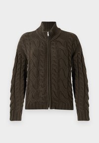 Dunkelolivgrüner strukturierter Cardigan mit Reißverschluss. Verfügt über einen gerippten Kragen, ein texturiertes Muster und einen silbernen Reißverschluss.