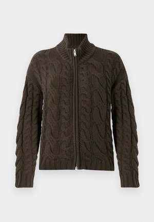 Kabelgebreide zip-up cardigan in donkergroen. Beschikt over een geribde kraag, een gestructureerd patroon en een zilveren rits.