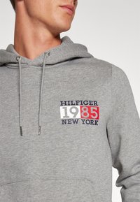 Sudadera gris hecha de tela suave, con un bolsillo delantero, capucha con cordones y un estampado de logo que dice "HILFIGER 1985 NEW YORK" en azul marino, rojo y blanco.