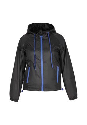 Czarna lekka kurtka z niebieskimi zamkami, z kapturem na sznurki i bocznymi kieszeniami. Posiada elastyczne mankiety oraz regulowany dół dla lepszego dopasowania.