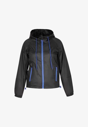 Czarna lekka kurtka z niebieskimi zamkami, z kapturem na sznurki i bocznymi kieszeniami. Posiada elastyczne mankiety oraz regulowany dół dla lepszego dopasowania.