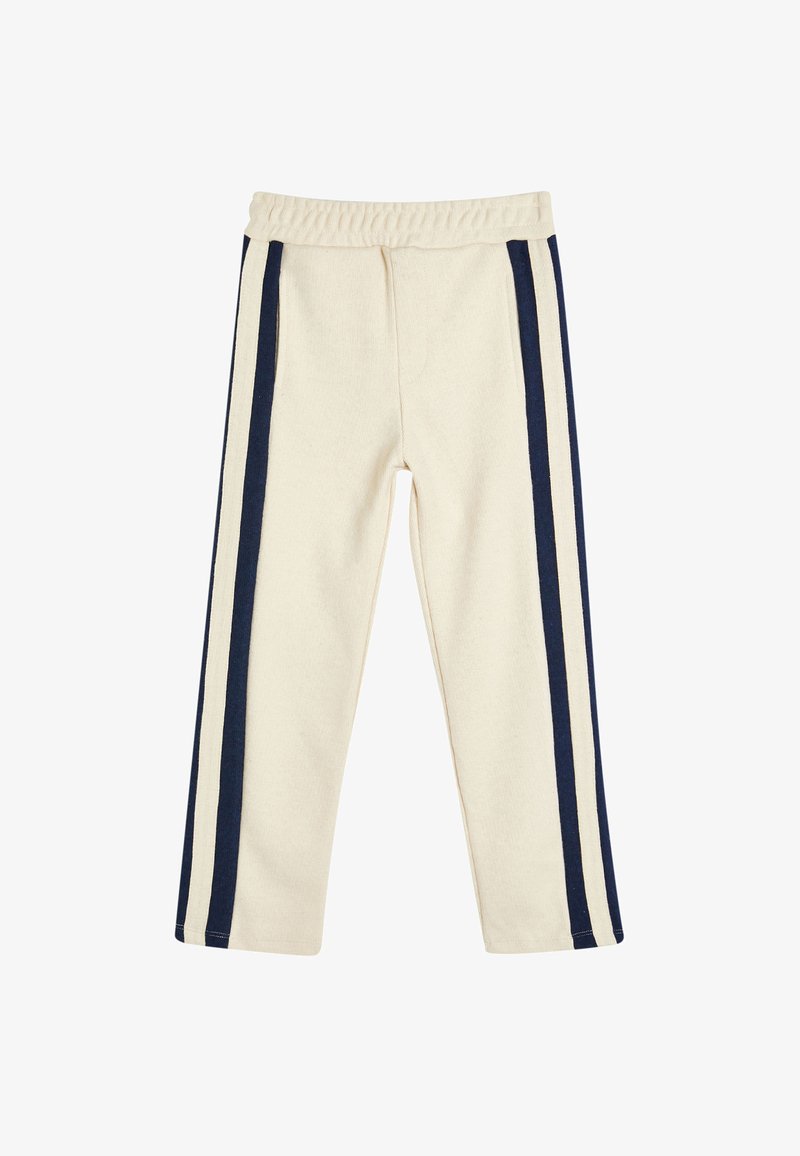 Helle Hosen in Cremefarbe mit einem elastischen Bund, die an jeder Seite zwei dunkelblaue vertikale Streifen aufweisen. Aus weichem Stoff gefertigt.