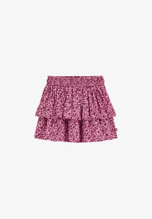 Išplatėjusi, sluoksniuota mini sijonas šviesiai rožinės spalvos su gėlėtu bordo raštu. Elastinga juosmens juosta komfortui. Minkšta, lengva medžiaga.