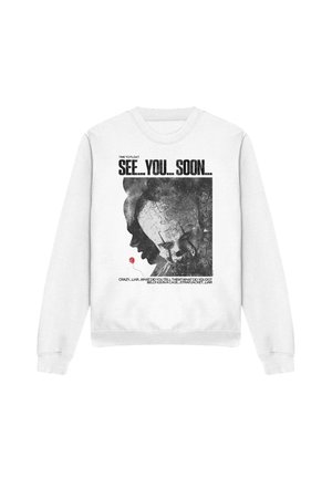 White sweatshirt with black and white clown face graphic, red balloon, and text reading "See... You... Soon..." on front.