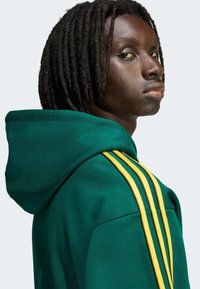 Grön huvtröja med huva och dragsko, med gula ränder längs ärmarna och texturerat tyg. Närbild från sidan.