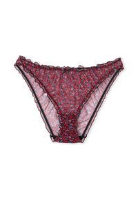 Floral lace panties in red and pink with black trim. Features ruffled edges and a gathered center design, highlighting a delicate texture.