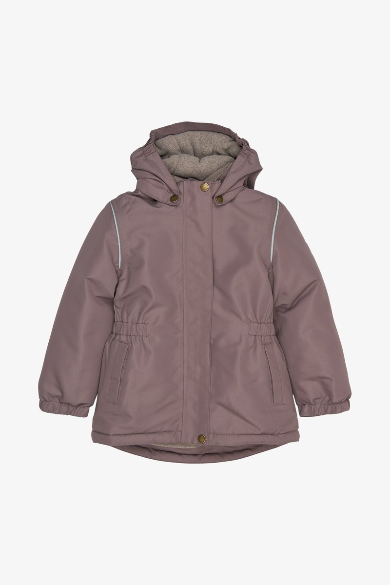 Lilla veekindel jakk kapuutsiga, pehme ja tekstuurse siseküljega, elastsete mansettidega ja küljetaskutega, millel on helesinised õmblused.