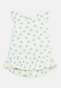 Blumenkleid aus leichtem Baumwollstoff mit Rüschensleeves, mit weißem Hintergrund und verteilten blauen und rosa Blumenmustern. Ausgestellter Saum.