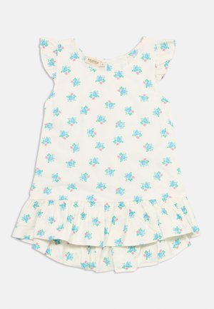 Φλοράλ φόρεμα από ελαφρύ βαμβάκι με ρυάκια στα μανίκια, με λευκό φόντο και διάσπαρτα μπλε και ροζ λουλούδια. Φαρδύ κάτω μέρος.