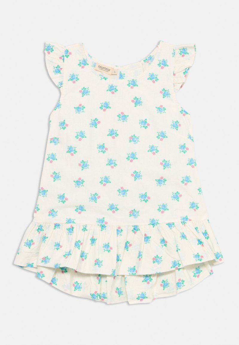 Blumenkleid aus leichtem Baumwollstoff mit Rüschensleeves, mit weißem Hintergrund und verteilten blauen und rosa Blumenmustern. Ausgestellter Saum.