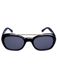 Svarta acetatsolar med mörka linser, rektangulära bågar, metallisk accent på näsbryggan och slät, glansig yta.