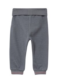Grau gestrickte Hosen für Kleinkinder mit einem umschlagbaren Bund, elastischen Bündchen und dezenten rosa Streifen an den Knöcheln. Weicher Stoff über die gesamte Fläche.