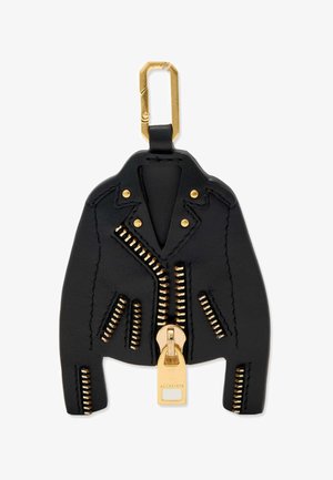 Sort læder-nøglering formet som en motorcykeljakke med gyldne lynlåse, knapper og en gylden karabinerkrog fastgjort øverst.