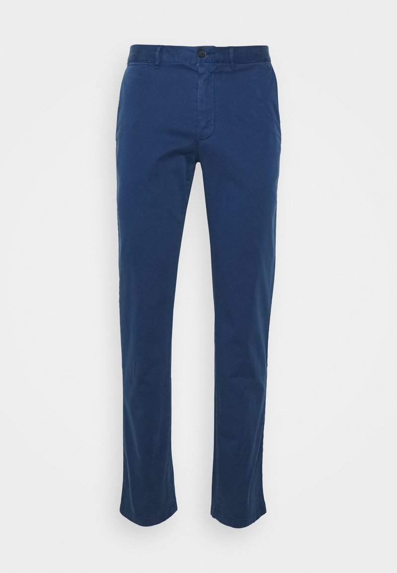 Pantalon bleu marine à jambe droite avec fermeture boutonnée et passants de ceinture, affiché sur fond blanc.
