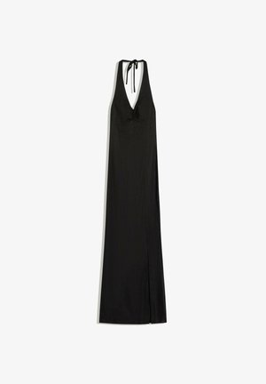 Langes schwarzes Neckholderkleid mit tiefem V-Ausschnitt und Bindverschluss am Rücken, mit tailliertem Oberteil und bodenlangem Rock.