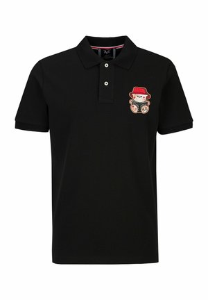 Polo noir avec un col comportant une broderie d'ours rouge et blanc portant un chapeau rouge. Fait en coton, avec une fermeture à boutons classique.