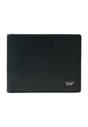 Portafoglio in pelle nera con una superficie liscia, forma rettangolare e cuciture visibili. Presenta un piccolo emblema di un animale in argento su un lato.