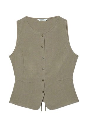 Veste sans manches vert olive à boutons, col rond et taille ajustée, en tissu texturé, étalée à plat sur fond blanc.