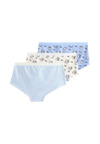 Drei Paare Kinderunterwäsche in blauen Streifen, weiß mit Hello Kitty-Motiv und blau mit Hello Kitty-Motiv, übereinander gestapelt auf weißem Hintergrund.