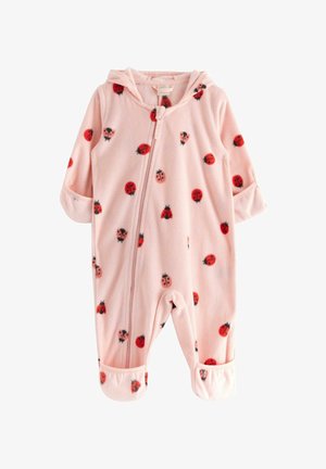 Vaalea vaaleanpunainen fleece-yksisarvinen, jossa on edessä vetoketju, hupullinen ja käänteiset hihansuut, koristeltuna musta-punaisella leppäkerttukuviolla.