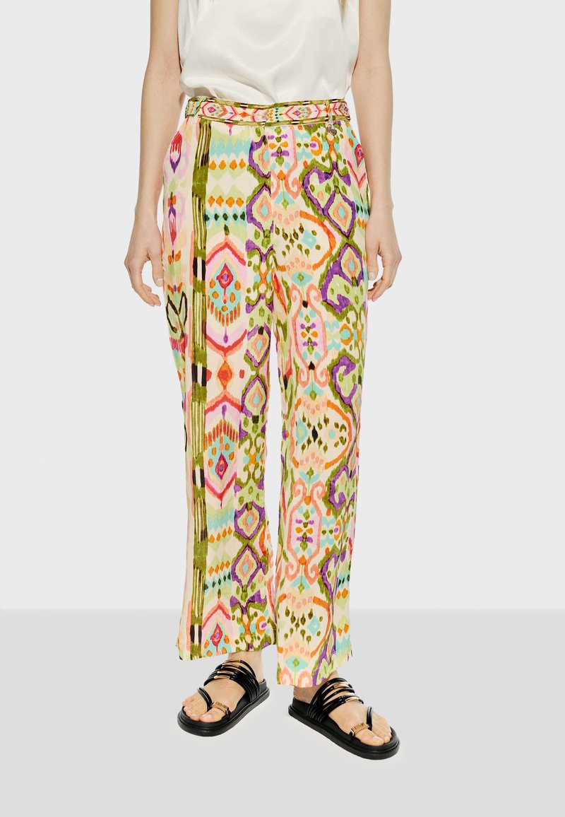 Färgglada mönstrade byxor med en blandning av rosa, grön och gula mönster; lösa i passformen med vida ben och elastiskt midjeband.