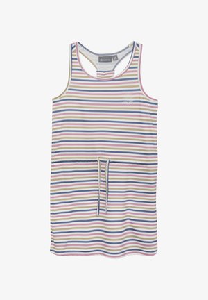 Randig klänning i pastellfärger, med horisontella ränder i rosa, blått och beige. Tillverkad av mjukt tyg, med knytband i midjan och racerback-design.