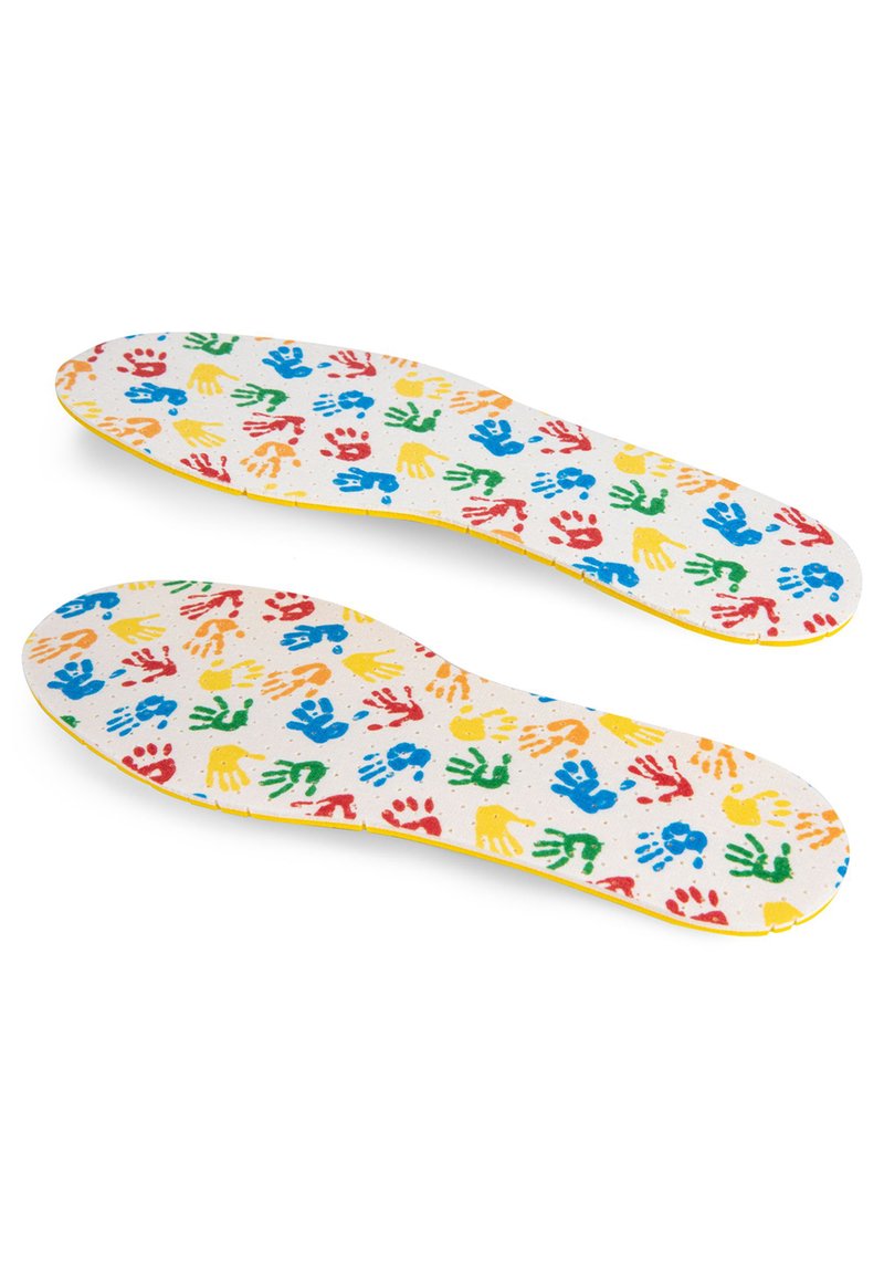 Colorful insoles featuring a print of handprints in red, blue, green, and yellow on a white background with a yellow border.