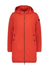Parka rouge à capuche avec une fermeture éclair à l'avant, deux poches latérales avec boutons et poignets élastiques. Texture lisse et longueur mi-cuisse.