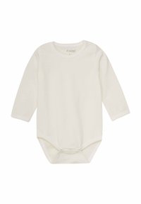 Långärmad bodysuit i mjuk krämfärgad tyg, med rund halsringning och tryckknappar i botten. Inga ytterligare mönster eller detaljer.