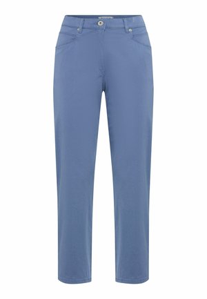 Pantaloni blu a gamba dritta aderenti, con chiusura frontale con bottone e zip, tasche anteriori e posteriori, e passanti per cintura.