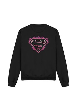 Schwarzer Sweatshirt mit langen Ärmeln und einem großen pinkfarbenen Flamingo-Superman-Logo mittig vorne.