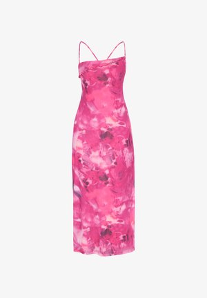 Vaaleanpunainen batikkikuvioitu slip-mekko, jossa on spagettihihnat ja hienovarainen röyhelödetailli kaula-aukon reunalla, midi-pituinen.