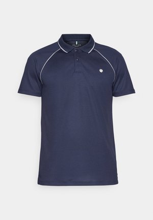 Marineblaues Poloshirt mit weißen Paspeln am Kragen und an den Schultern. Mit einer Knopfleiste mit zwei Knöpfen und einem kleinen Logo auf der Brust. Baumwollmischung.