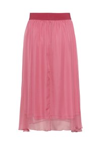 Gonna midi rosa realizzata in un tessuto leggero e fluido. Presenta una vita elastica e un design a strati con uno strato superiore morbido e trasparente.