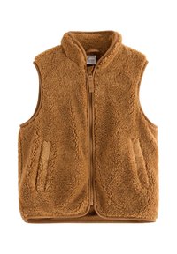 Fleece-Weste in warmem Braun, mit hohem Kragen, Frontreißverschluss und zwei Seitentaschen. Strukturierter Stoff mit einer weichen,plüschigen Optik.