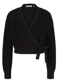 Černý svetr s vázáním vyrobený z texturované pleteniny, s dlouhými rukávy a vázáním v pase. Výstřih ve tvaru V se žebrovaným lemem.