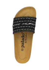 Infradito a motivi bianco e nero con una fascia testurizzata e una soletta color marrone chiaro. Presenta un marchio sulla soletta.