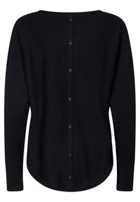 Cardigan nero a maniche lunghe in maglia con scollatura rotonda, chiusura a bottoni sul retro e orlo arrotondato.
