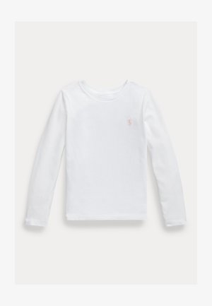 Fehér hosszú ujjú, kerek nyakú póló, bal mellrészen kis rózsaszín hímzett logóval, világos háttér előtt bemutatva.