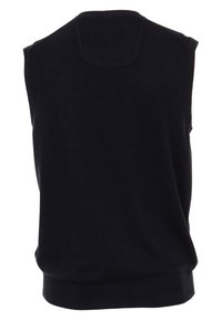 Navyblauer, ärmelloser Pullover aus weichem Material, mit rundem Halsauschnitt und geripptem Saum. Nahtdetails auf der Rückseite.