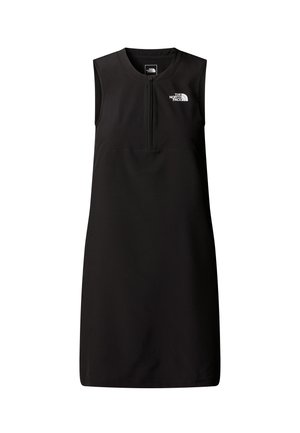Schwarzes ärmelloses Kleid mit einem Reißverschluss vorne und dem The North Face-Logo auf der Brust und im inneren Kragen.