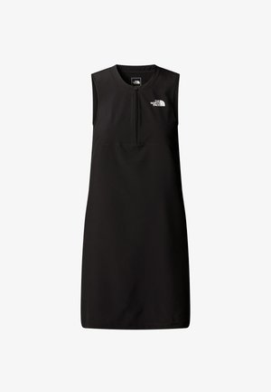 Schwarzes ärmelloses Kleid mit einem Reißverschluss vorne und dem The North Face-Logo auf der Brust und im inneren Kragen.
