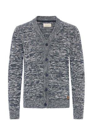 Herre cardigan i marinblå og hvid meleret strik med V-hals, fem forreste knapper og lange ærmer.